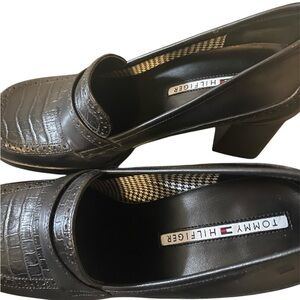 NWT Vintage Tommy Hilfiger Black Leather Chunky Heel Womens Platform Shoes   9.5